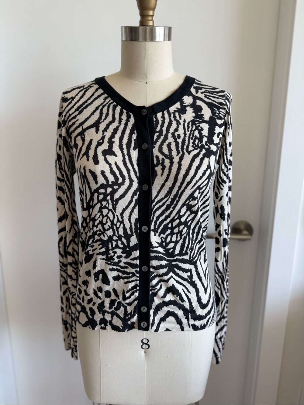 Dkny Black and White Animal Print Button Cardigan Silk